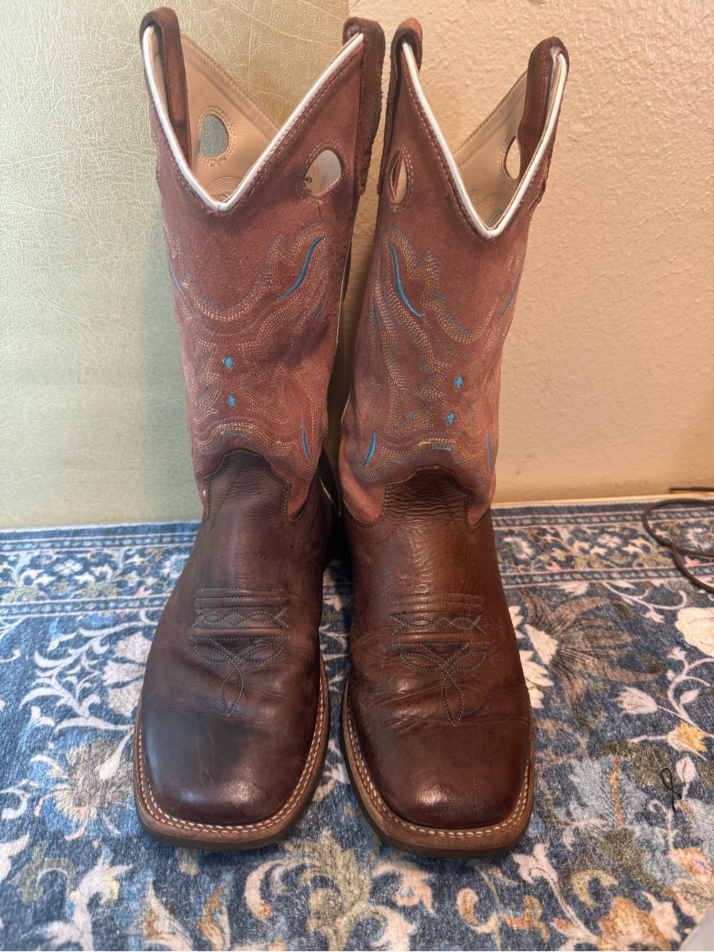 Men's Brown Leather Western Cowboy Boots with Turquoise Stitching